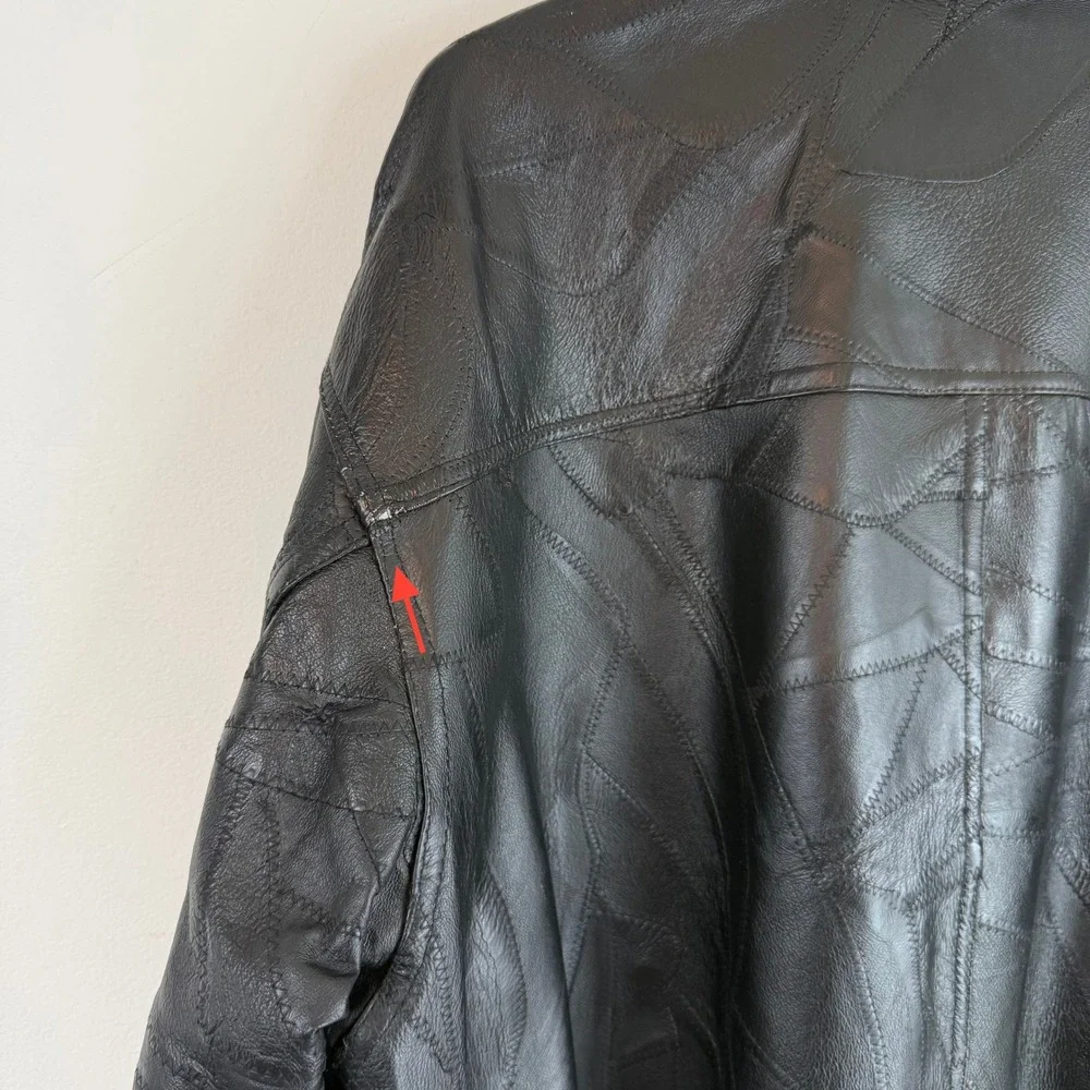 Vintage Genuine Leather Patchwork Bomber Jacket Black Oversized XL 90s Grunge